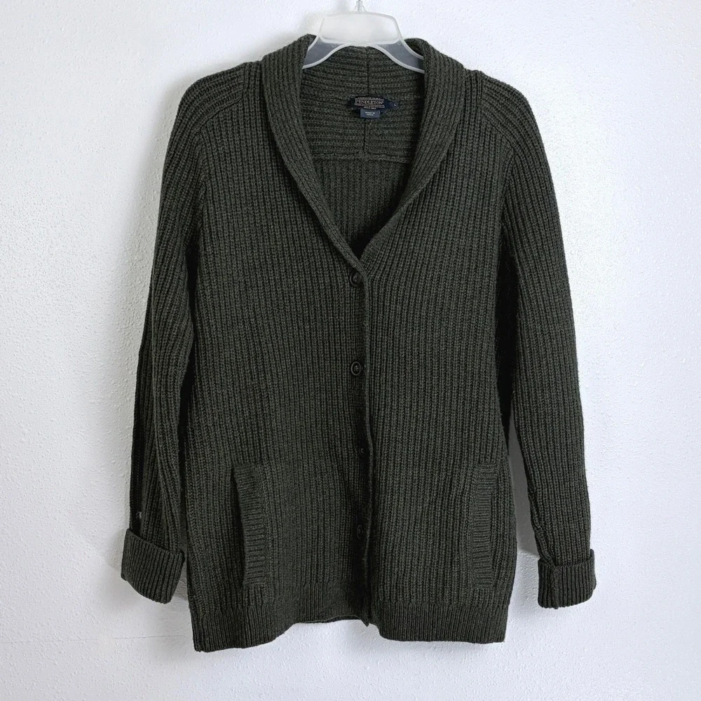 Pendleton Cardigan Olive Green Shawl Collar Ribbed Lambswool Pocket Large